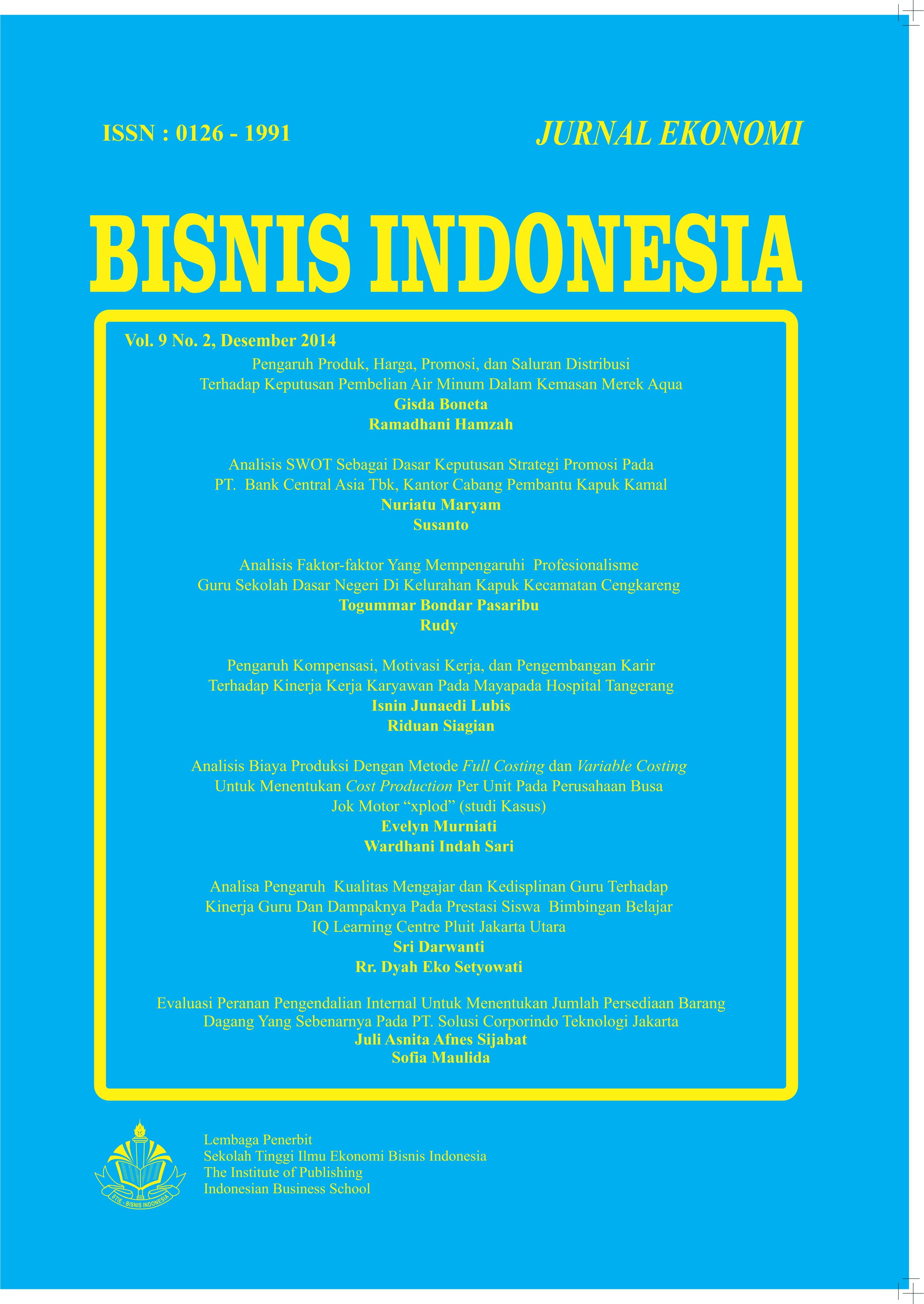 					View Vol. 9 No. 2 (2014): Jurnal Ekonomi Bisnis Indonesia
				